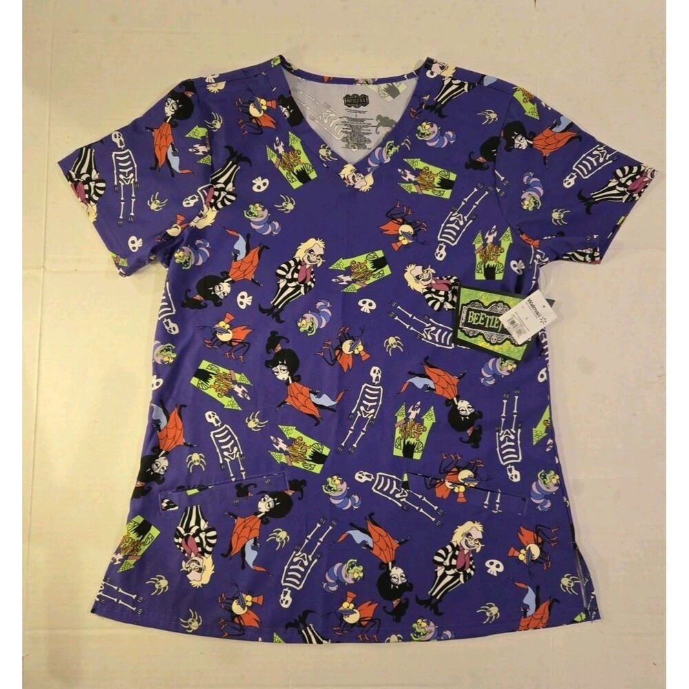 Beetlejuice Purple Halloween Print Fashion Scrub Top Size Small Isaac Morris